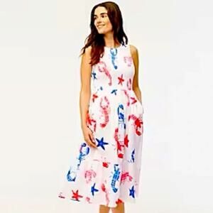 J.Crew Midi Dress Large Lobster Print Smocked Tiered Sleeveless Coastal